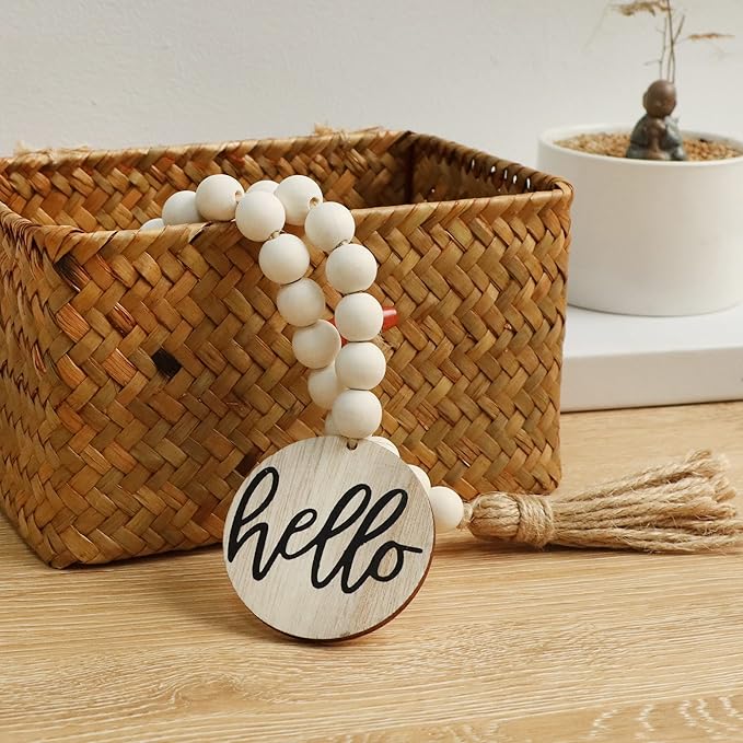Meplait Hello Wooden Bead Garland with Tassel, Decorative Beads Home Decor Farmhouse Tassel Garland Boho Decor for Tiered Tray（38in）