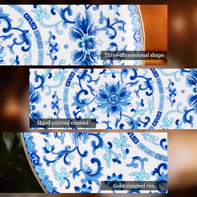 Decorative Plates Set for Display, Blue and White Ceramic Plate Decor with Stand, Handmade Vintage Porcelain Ornament for Table, Living Room, Kitchen, Perfect Chinese Style Dish Gift (8in+10in)