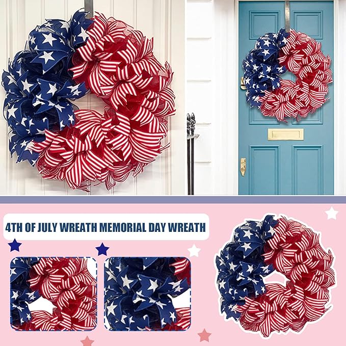 Patriotic Wreaths for Front Door, New 250th Anniversary Decorations, 4th of July Decorations Outdoor, Handcrafted Memorial Day Wreaths, Festival Celebration USA Flag Printed Wreath (E)