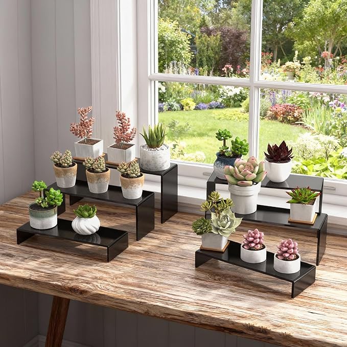 6 PCs Risers Display Stands 3 Tiers Desktop Acrylic Shelves Cake Dessert Holder Products Stand for Collectibles Shoes Jewels Pop Figure （Black）
