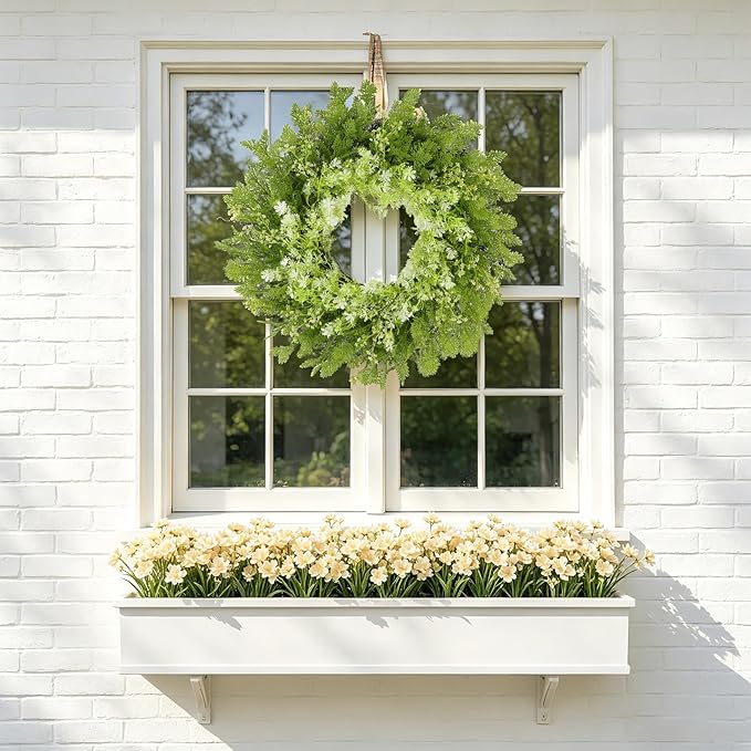 26" Spring Summer Greenery Wreath for Front Door, Large Green Wreath with Fern Leaves and White Flowers All Seasons for Indoor Outdoor Door Wall Window Porch Farmhouse All Season Home Decor