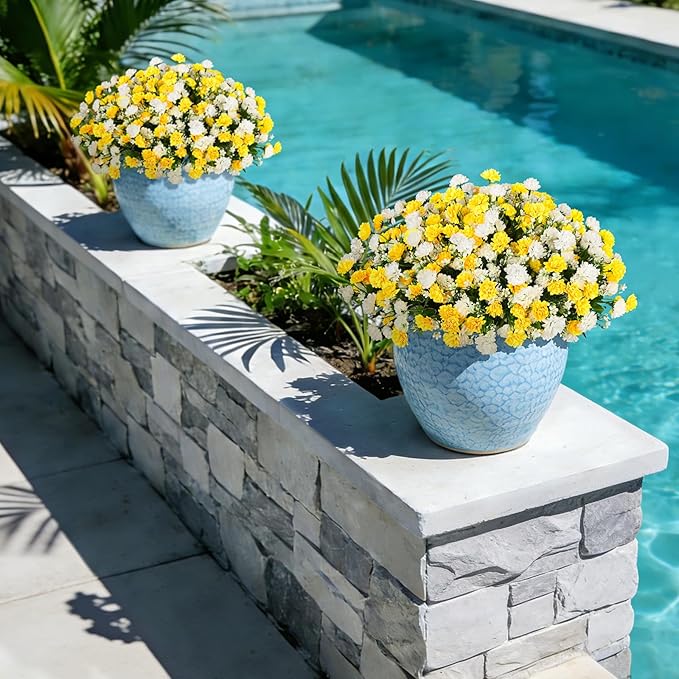 Artificial Flowers for Outdoors Decoration, 6 Bundles Silk Marigold Flower UV Resistant Look Real Faux Plants for Garden Porch Planter Patio Balcony Yard Home Decor (Yellow White)