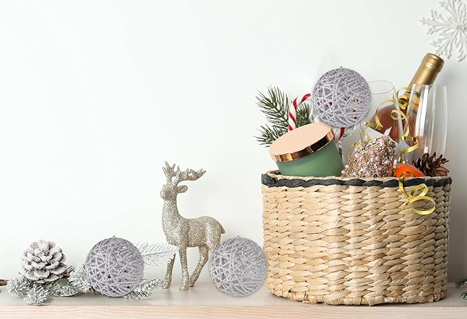 Christmas Traditions 4 inch Silver Glittered Rattan Ball Ornaments Hanging Tree Decorations (Set of 6)