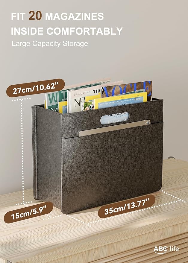 ABC life 2 PACK Magazine Basket Holder, PU Leather Foldable Magazine Rack, Document File Holder Organizer, Newspaper Book Storage Bin Organizer for Living Room Home Office, Balck