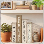 Lineshading 4 Pcs Farmhouse Table Decor Wooden Rustic Our Home Our Story Life Table Centerpiece Farmhouse Book Stack Block Sign for Tabletop Shelf Tiered Tray Desk Living Room Fireplace Home