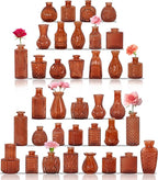 36Pcs Bud Vases Set Small Vintage Glass Bottles Bud Vases in Bulk Multiple Shape Cute Glass Vases for Rustic Wedding Centerpieces Table Decorations and Home Decor (Dark Amber)