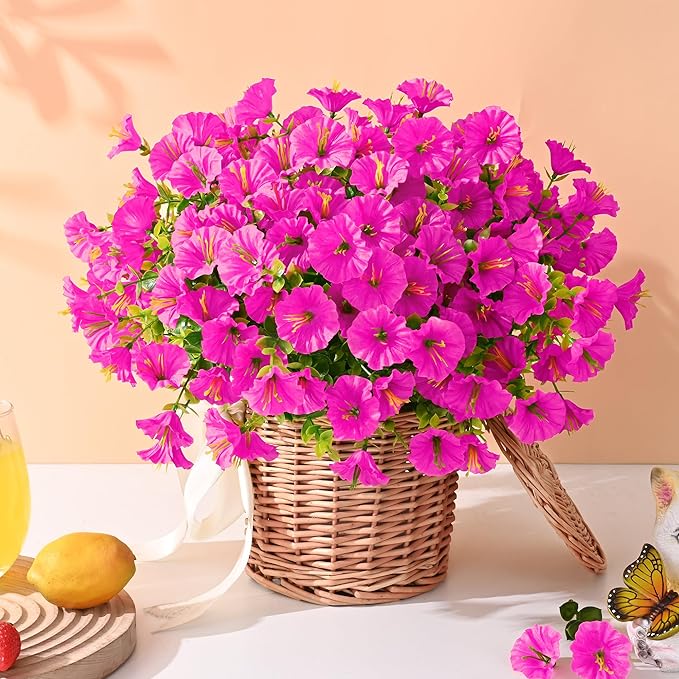 Waipfaru Artificial Flowers for Outdoors, 24 Bundles Faux Plants Outdoor, UV Resistant Artificial Plants Outdoor, Silk Petunias Fake Flowers for Outside Home Decor Planter Porch Decoration, Rose Red