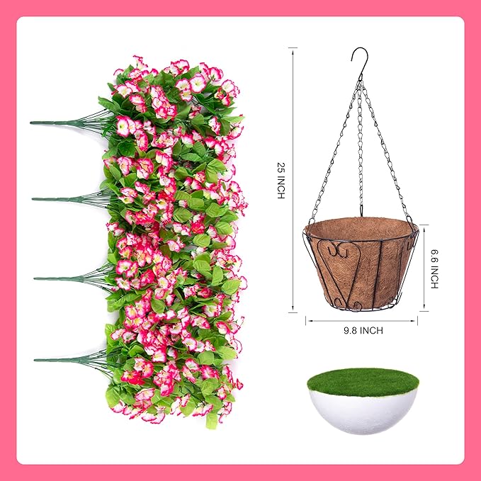 Artificial Faux Hanging Flowers Basket for Spring Summer Outdoor Porch Decor, Fake Silk Colorful Morning Glory Eucalyptus in Planter UV Resistant Look Real for Home Patio Balcony Yard(Pink)
