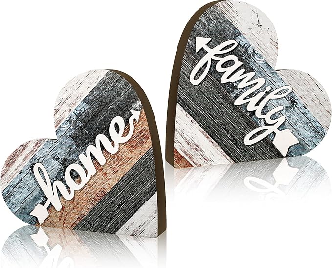 Jetec 2 Pcs Rustic Decorations for Living Room Home Shelf Mantel Entryway Table, Farmhouse Knick Knacks Christian Table Centerpiece Wooden Heart Decor for Dining Room Housewarming Gift(Simple Style)