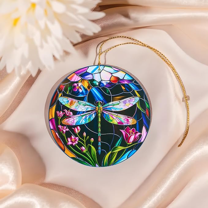 Dragonfly Christmas Ornaments Round Stained Glass Effect Acrylic Dragonfly Ornament for Tree Hanging, Christmas Theme Gift Set for Gifts Lovers, Ornament Wall Art, Thanksgiving Gift