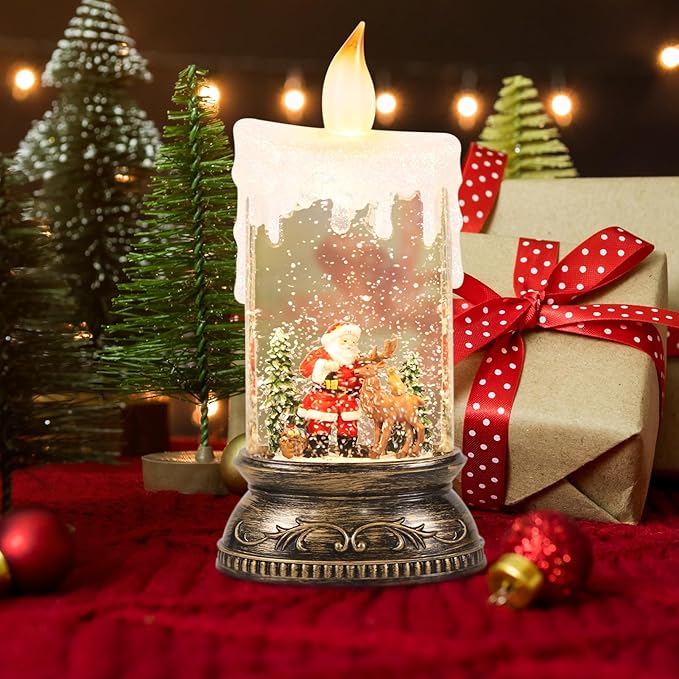 Wondise Rechargeable Musical Snow Globe Lantern with 6H Timer, Battery Operated USB Powered Lighted Snow Globe Lamp Spinning Water Swirling Glitters Holiday Decor Santa Deer