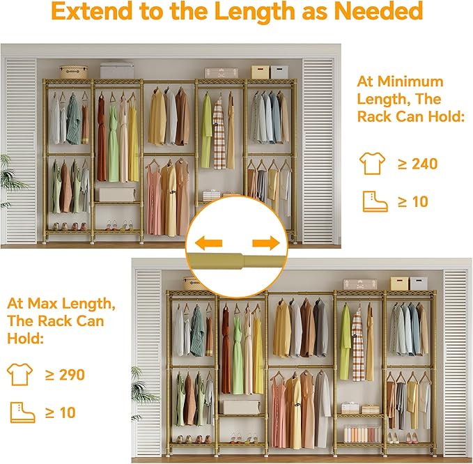 H5 Pro Heavy Duty Clothes Rack Wardrobe Closet for Hanging Clothes, Freestanding Garment Rack with Expandable Hanger Rods, Closet Organizer and Storage, (97.7-115.4")L x 15.7"W x 75.4"H, Gold