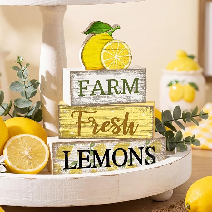 Moucuny 4 Pcs Summer Lemon Decor Summer Table Decorations Farm Fresh Lemons Wooden Stacked Block Decor Rustic Summertime Tiered Tray Decoration Fruits Centerpiece for Home Kitchen Dining Room Mantel