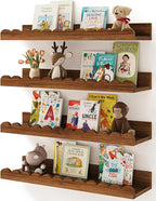 Shario Nursery Book Shelves, 4-Pack Walnut Brown,Floating Shelves for Wall Kids, Scalloped Shelves, Wall Book Shelves for Bedroom Kids, Toddler Room, Baby Room, Nursery Decor