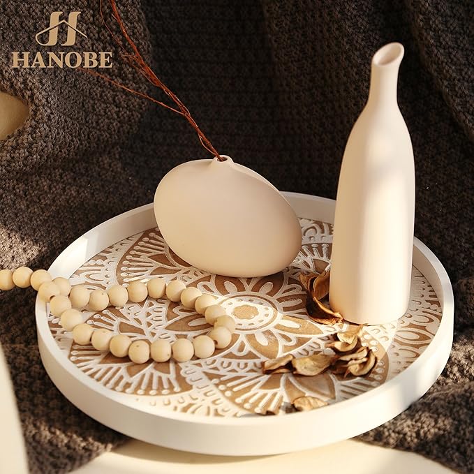 Hanobe Decorative Serving Tray Round: 2Pcs Farmhouse Coffee Table Decor with White Boho Bead Garland - Mandala Trays for Living Room Kitchen Display