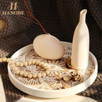 Hanobe Decorative Serving Tray Round: 2Pcs Farmhouse Coffee Table Decor with White Boho Bead Garland - Mandala Trays for Living Room Kitchen Display