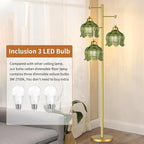QIYIZM Gold Floor Lamp for Living Room,Bedroom,Mid Century Modern Standing Lamp Brass Tree 3 Light Tall Floor Lamps Vintage Retro Floor Lights Glass Green Flower Lamp Shade Farmhouse Boho Bohemian