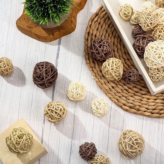 Patelai 36 Pcs Wicker Rattan Balls Decorative Balls for Vase Centerpiece Bowls Orbs Filler for Home Decor,4 Sizes(White, Wood Color, Light Tan, Coffee,2.4'',2'',1.6'',1.2'')