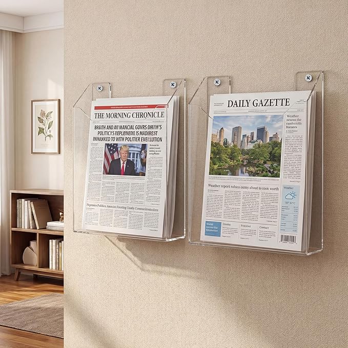 Sliner 2 Pcs Wall-mounted Single Pocket Newspaper Holder Acrylic Brochure Holder Clear Acrylic Display Holders for Home Office Waiting Room Magazine Mail Organizer, 13.38 x 11.50 x 2.24 Inches