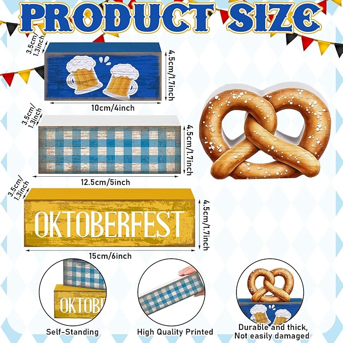 Yuntau 4 Pcs Oktoberfest Table Decorations Wooden Beer Tabletop Centerpiece Bavarian German Festival Tiered Tray Decor Rustic Oktoberfest Block Sign for Photo Prop Party