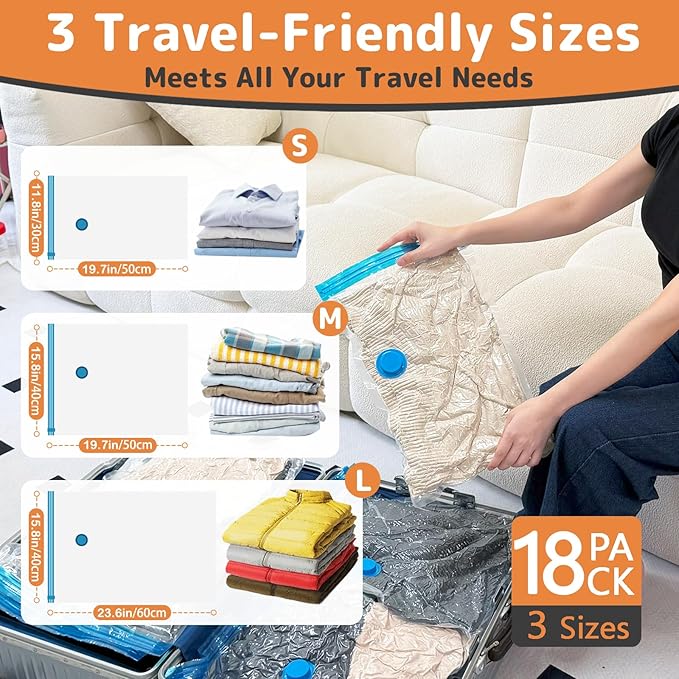 18 Pack Vacuum Bags for Travel with Rechargeable Air Pump, Carry-On Compression Bags for Luggage and Suitcase, Space Saver Storage for Clothing and Travel Organization