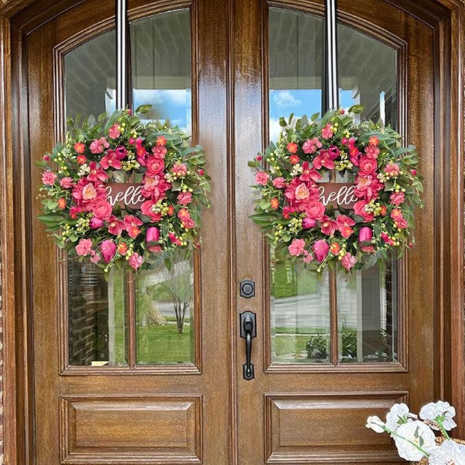 Spring Wreaths for Front Door 24 Inch with Hello Sign,Artificial Summer Wreath with Pink Peony and Orchid,Indoor and Outdoor Wreath for Farmhouse Wall Home Porch Decor