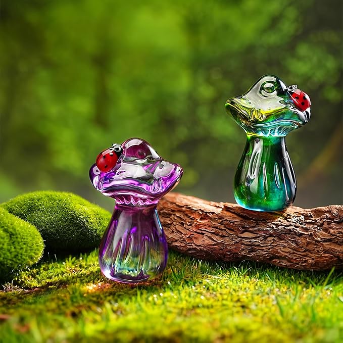 H&D HYALINE & DORA Crystal Mushroom Ladybug Figurine Handmade Glass Plant Figurine Collectible Kitchen Decor Mushroom Gifts for Women (Purple)