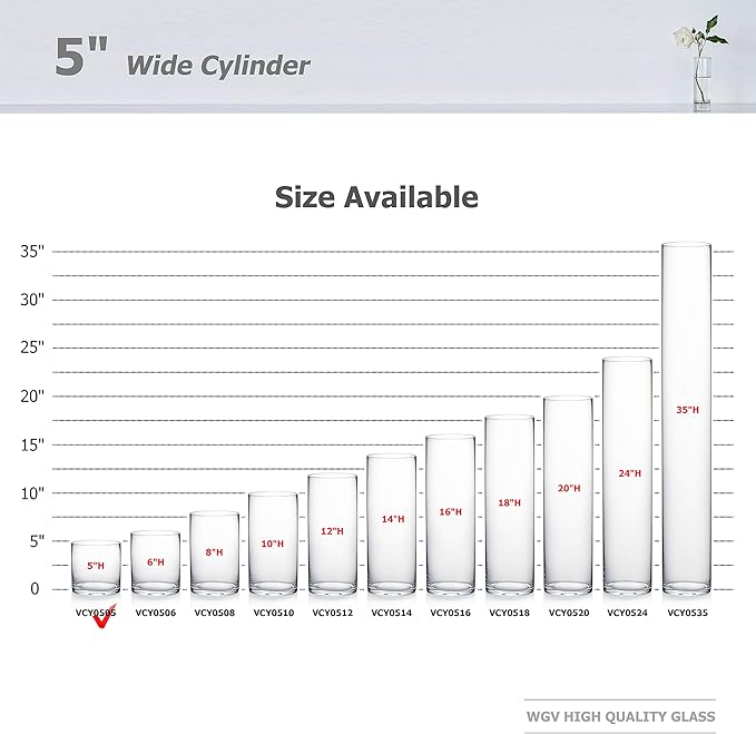 WGV Cylinder Vase Bulk, Diameter 5", Height 5", Clear Glass Floral Planter Container, Floating Candle Holder for Wedding Party Event Home Office Decor, 6 Pieces