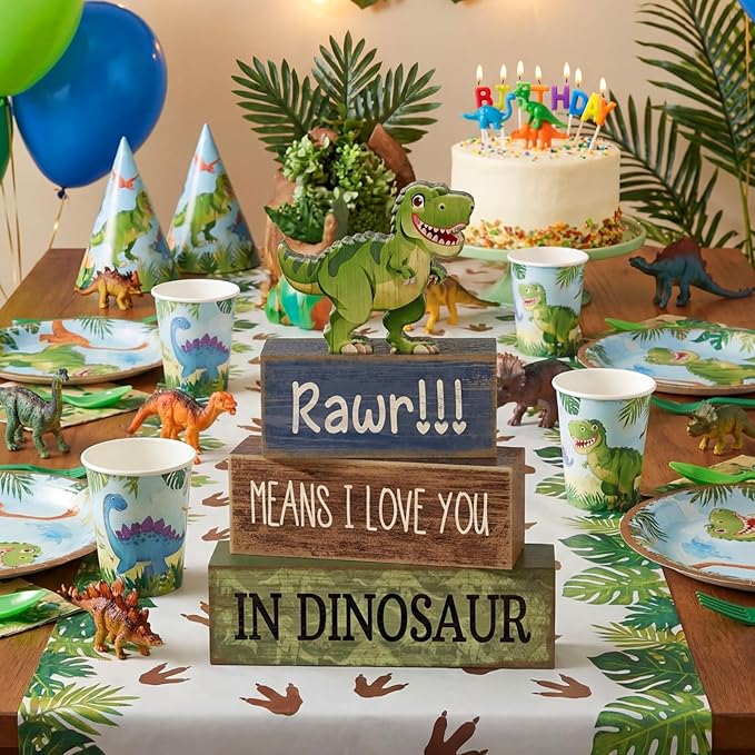 Lineshading 4 Pcs Dinosaur Table Decorations Wooden Dinosaur Decor Dino Safari Party Centerpieces for Table Jungle Animal Theme Baby Shower Tabletop Stand for Boys Girls Birthday Party Decorations