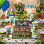 Lineshading 4 Pcs Dinosaur Table Decorations Wooden Dinosaur Decor Dino Safari Party Centerpieces for Table Jungle Animal Theme Baby Shower Tabletop Stand for Boys Girls Birthday Party Decorations