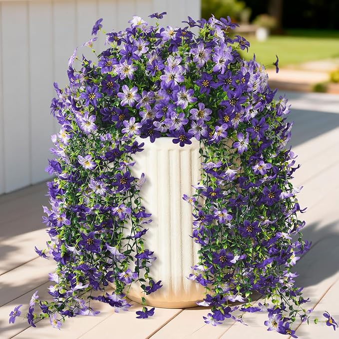Artificial Fake Hanging Flowers Plants for Outdoor Spring Decoration,2 PCS Faux Silk Daisy with Eucalyptus Leaves,UV Resistant Look Real for Outside Home Indoor Planter Porch Patio Balcony Yard Decor