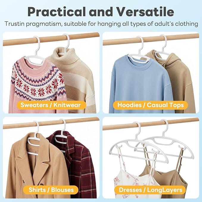 HOUSE DAY Plastic Clothes Hangers 36 Pack, Sweater Hangers No Shoulder Bump, Thick Heavy Duty Coat Hanger for Closet, White Wide Hanger with Non-Slip Hook for Sweaters, Suits, Dresses, Jackets, Pants