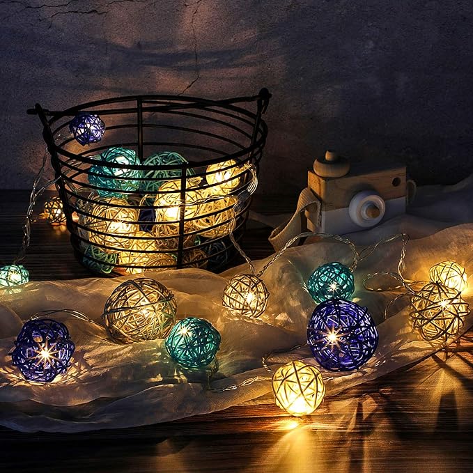 Patelai 36 Pcs Wicker Rattan Balls Decorative Balls for Vase Centerpiece Bowls Orbs Filler for Home Decor,4 Sizes(Dark Blue, Sky Blue, Gray, White,2.8'',2.4'',2'',1.6'')