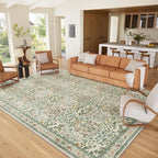 9x12 Washable Area Rug, Soft Non Slip Low Pile Rug for Living Room, Bedroom, Large Dining Room, Vintage Floral Design, Stain Resistant Carpet