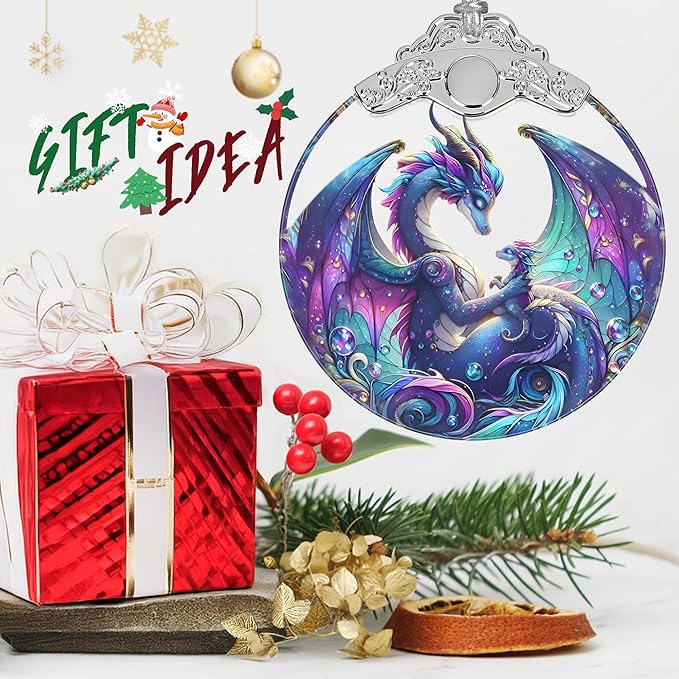 Stained Glass Suncatcher Ornament - Dragon Christmas Decorations - Christmas Ornaments for Tree - Holiday Present Ideas - Gift Exchange