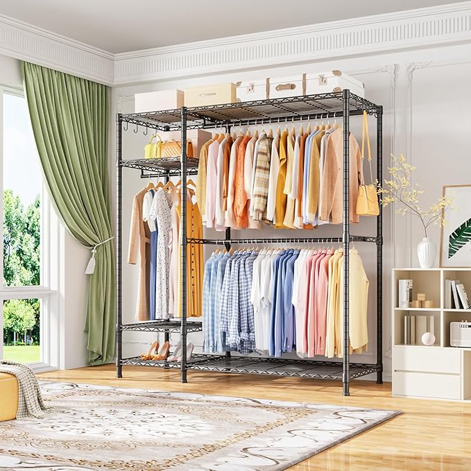 Ulif F7 Garment Rack, Heavy Duty Clothes Rack, Clothing Racks for Hanging Clothes, 6-Tiers Freestanding Portable Closet Storage Rack 58'' W × 14.6'' D × 76.6'' H, Max Load 800 Lbs, Black