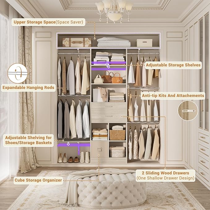 Small Closet System - 5FT Closet Organizer System with Wooden Drawers, 60 Inches Walk In Closet System With 5 Hanging Rods, Can Fit 1.58 to 6.8 FT with Reversible Hanging Shelving, Greige Oak