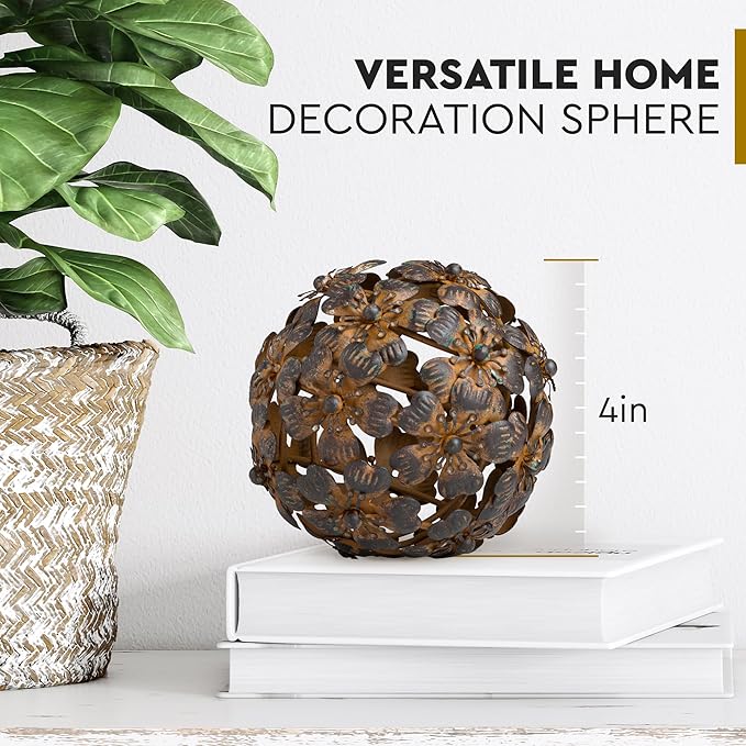 Metal Decorative Sphere for Home Decor - Decorative Balls for Shelves, Centerpiece Bowls, Bookshelf - Decoration Orbs Accents for Living Room, Bedroom - Antique Brown Shelf Spheres