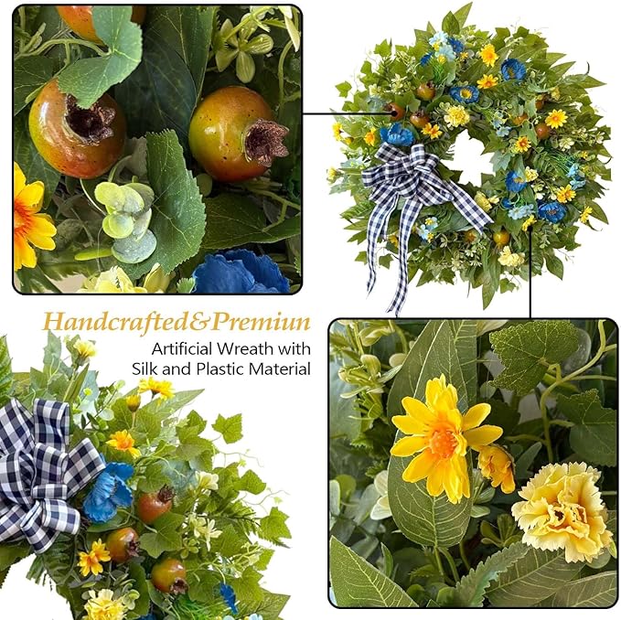 WANNA-CUL 24 Inch Year Round Spring Summer Wreaths for Front Door, Blue Yellow Floral Door Wreath with Pomegranates Daisy - All Season Decorative Wedding Wall Wreath Indoor Outdoor Farmhouse Decor