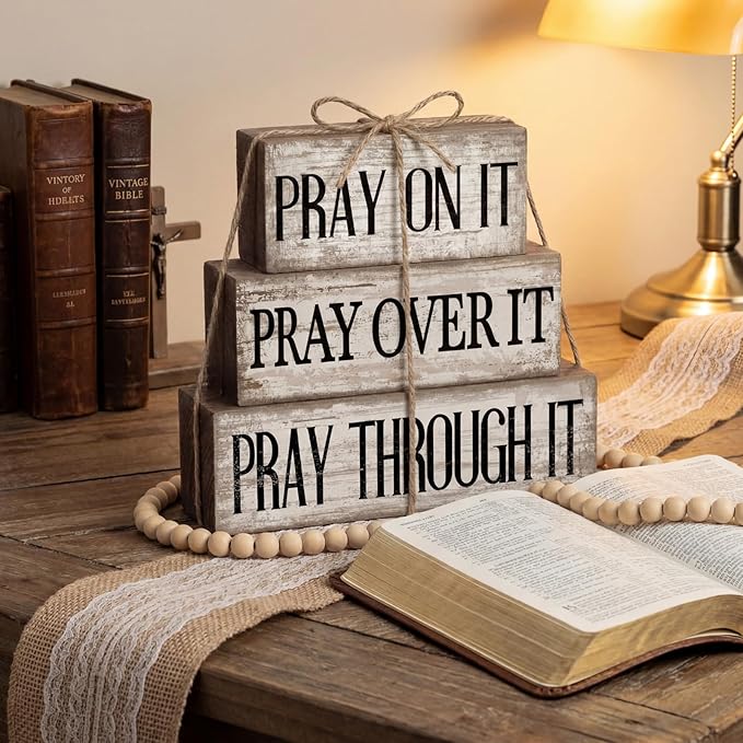 Yuntau 4 Pcs Farmhouse Wooden Tabletop Decor Bible Verse Tiered Tray Decorations Rustic Religious Christian Gift Block Sign Pray on It Centerpiece for Easter Home Kitchen Shelf Office Desk Decor