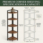 FATORRI Tall Corner Shelf, Industrial Corner Bookshelf, Wood and Metal Corner Shelf Stand for Living Room, Rustic Display Plant Stand for Home Office (Medium Walnut)