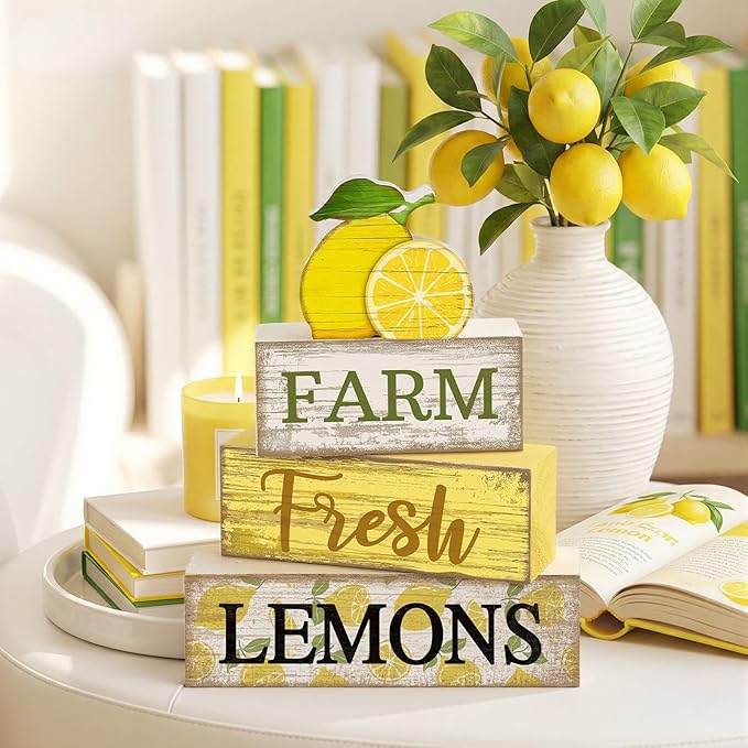 Moucuny 4 Pcs Summer Lemon Decor Summer Table Decorations Farm Fresh Lemons Wooden Stacked Block Decor Rustic Summertime Tiered Tray Decoration Fruits Centerpiece for Home Kitchen Dining Room Mantel