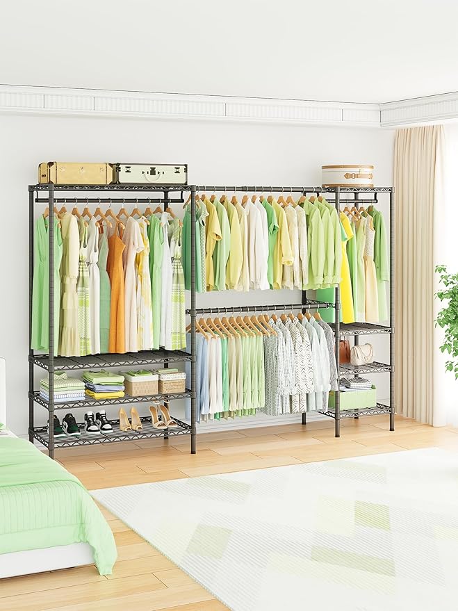 Ulif E11 Heavy-Duty Garment Rack, Metal Freestanding Clothes Rack and Closet Storage Organizer System with 8 Shelves and 4 Hanger Rods, (73.2-97.6)" W x 14.5" D x 71.2" H, Load 1034 LBS, Black