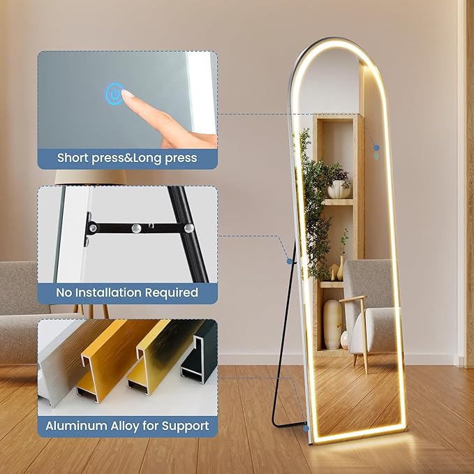 DUMOS Arched LED Mirror Full Length with Stand, 16"x60" Full Body Wall Mirror with LED Lights 3 Color Lighting, Hanging or Leaning, Floor Standing, Modern Simple Home Wall Decor