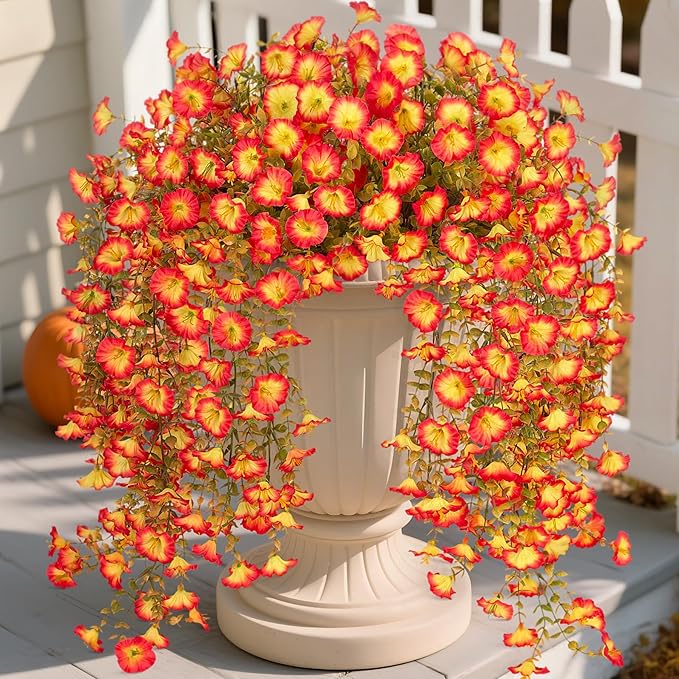 Fake Fall Hanging Flowers Artificial for Outdoor Decoration, 2 PCS Autumn Silk Faux Flowers Morning Glory with Eucalyptus Leaves, Realistic Hanging Plants for Wedding Home Office Garden Decor, Mix