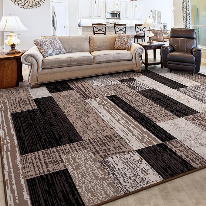 FlyDOIT Modern Geometric Patchwork Area Rug, 9x12 Chocolate Large Rugs for Living Room, Rockwood Collection Indoor Rugs for Bedroom, Throw Carpet Floor Decor for Entryway Dining Room Office Nursery