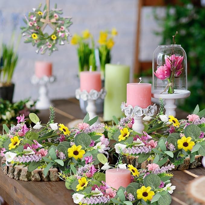 6 Pcs 9" Small Summer Wreath for Kitchen Cabinet Floral Candle Rings Wreaths Wildflower Wreath with Ribbon for Pillars Front Door Porch Wall Window Farmhouse Party Home Indoor Decor