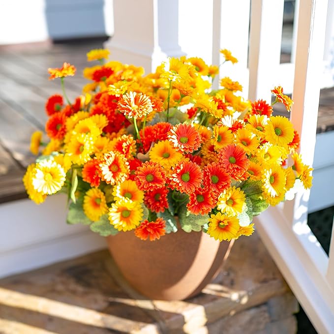 HyeFlora Dahlia Artificial Flowers for Outdoors Fake Plants Spring Decoration, 6 Bundles Realistic Silk Daisy UV Resistant Faux Flowers for Outdoor Planters Patio Porch Yard Garden Home, Orange Yellow