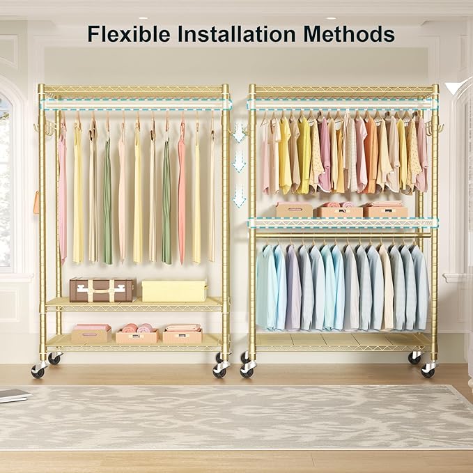 FUTASSI P1 Plus Rolling Clothes Rack, 22mm Diameter Heavy Duty Garment Rack with Wheels, Portable Closets with Shelves and Hanger Rods, 45" W x 17.7" D x 80.5" H, Load 524 LBS, Gold