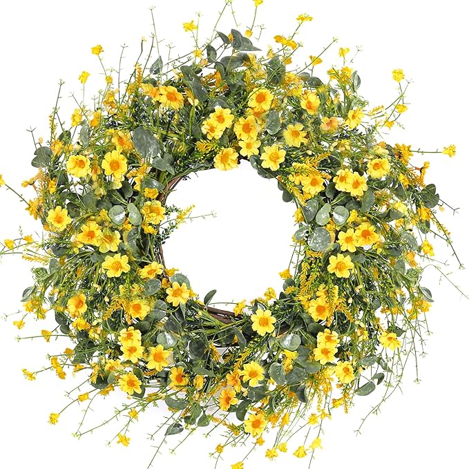 Sggvecsy Yellow Daisy Wreath 24 Inch Spring Summer Wreath Fake Silk Floral Wreath with Green Eucalyptus Leaves and Lavender for Front Door Window Wall Wedding Farmhouse Festival Decor